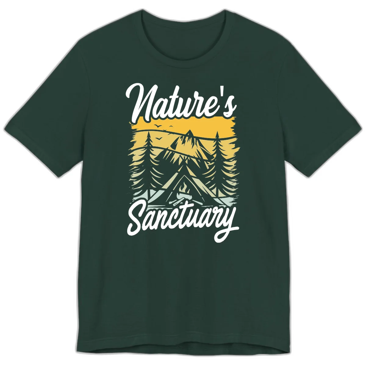 Nature sanctuary camping design with layered mountains, evergreen trees, campfire and tent under golden sky with white script text in Forest