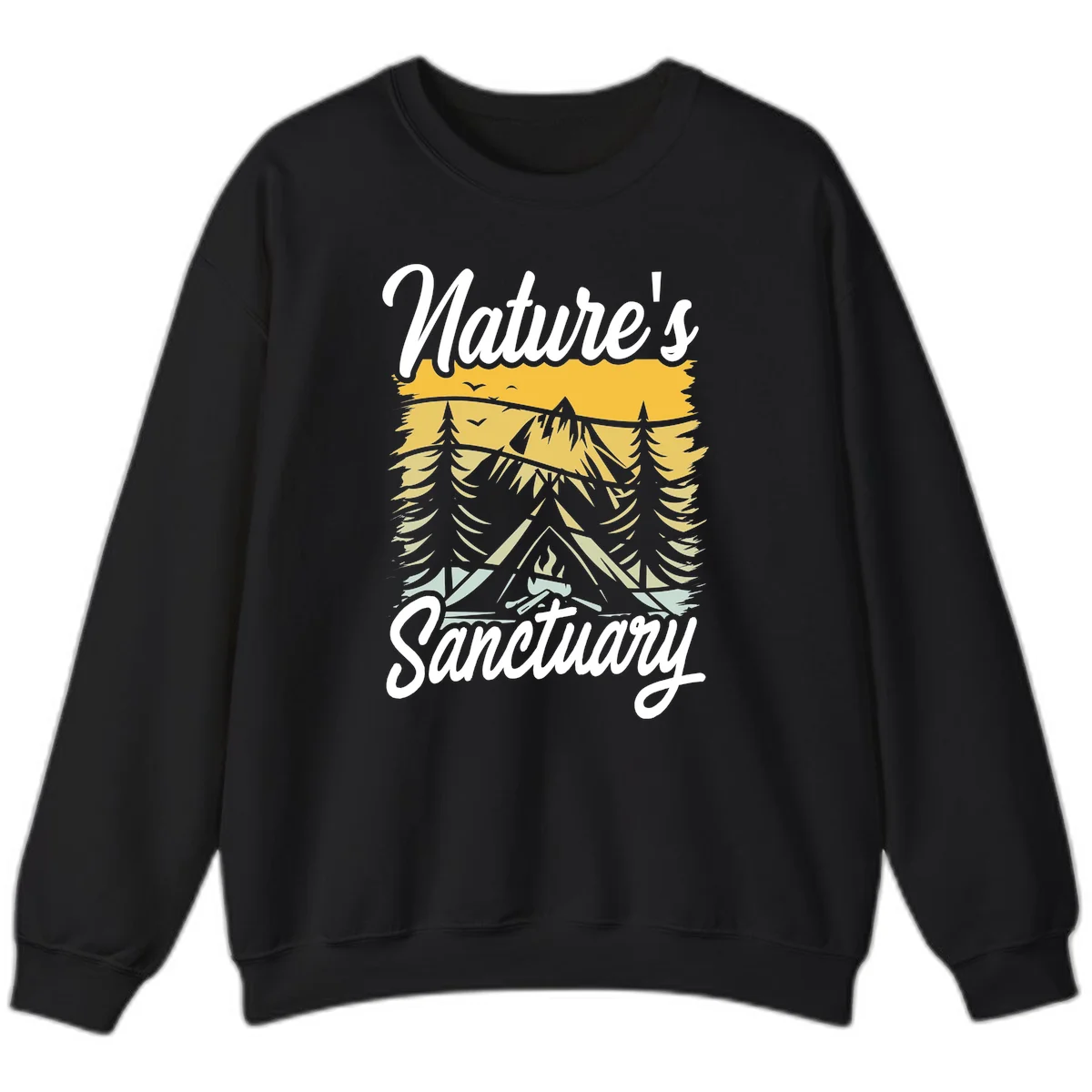 Nature sanctuary camping design with layered mountains, evergreen trees, campfire and tent under golden sky with white script text in Black