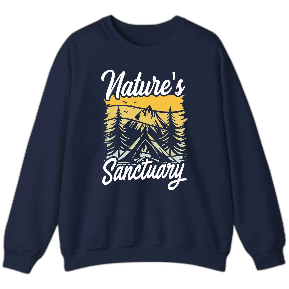 Nature sanctuary camping design with layered mountains, evergreen trees, campfire and tent under golden sky with white script text in Navy