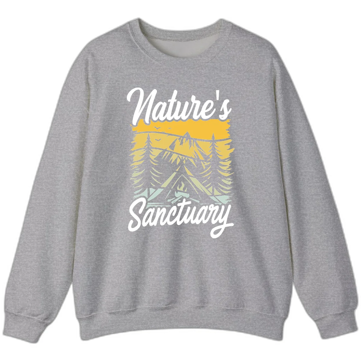 Nature sanctuary camping design with layered mountains, evergreen trees, campfire and tent under golden sky with white script text in Sport Grey