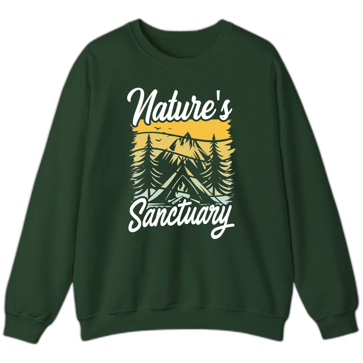 Nature sanctuary camping design with layered mountains, evergreen trees, campfire and tent under golden sky with white script text in Forest Green