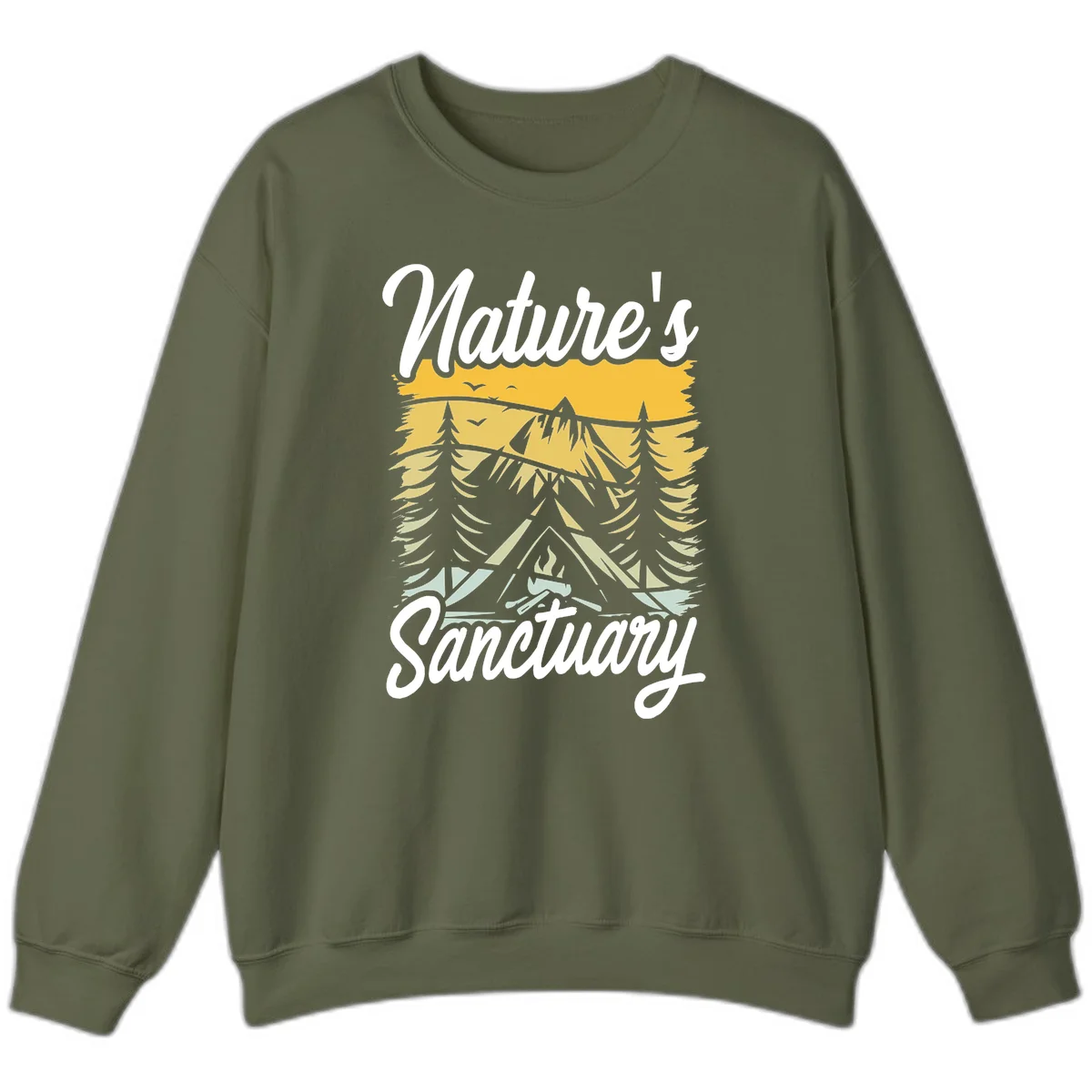 Nature sanctuary camping design with layered mountains, evergreen trees, campfire and tent under golden sky with white script text in Military Green