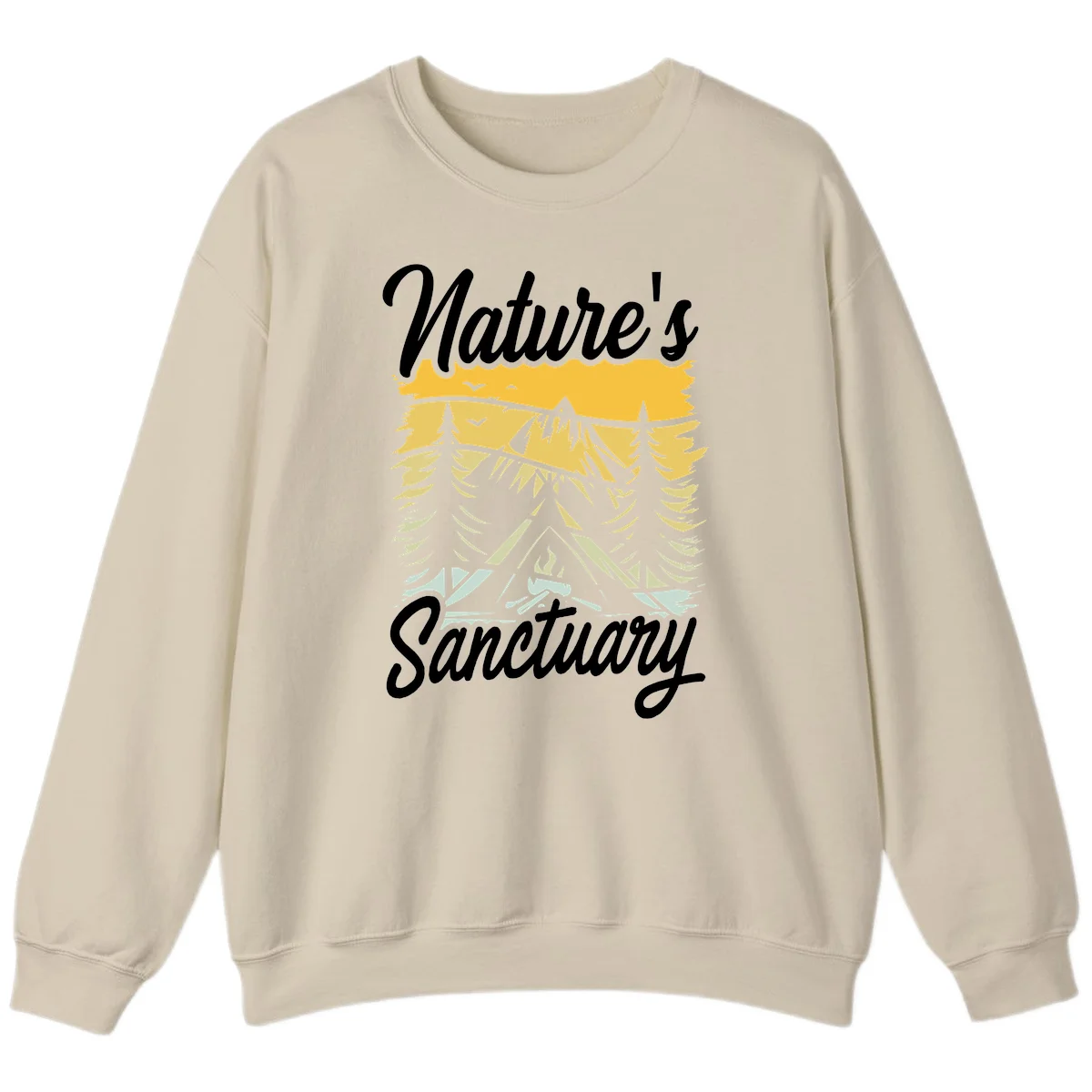Nature sanctuary camping design with layered mountains, evergreen trees, campfire and tent under golden sky with white script text in Sand