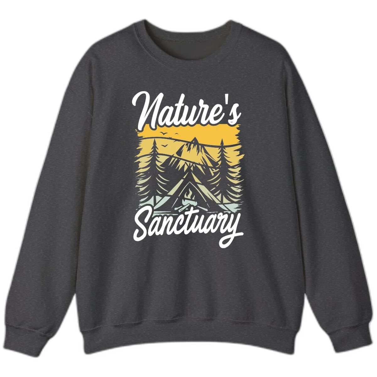 Nature sanctuary camping design with layered mountains, evergreen trees, campfire and tent under golden sky with white script text in Dark Heather