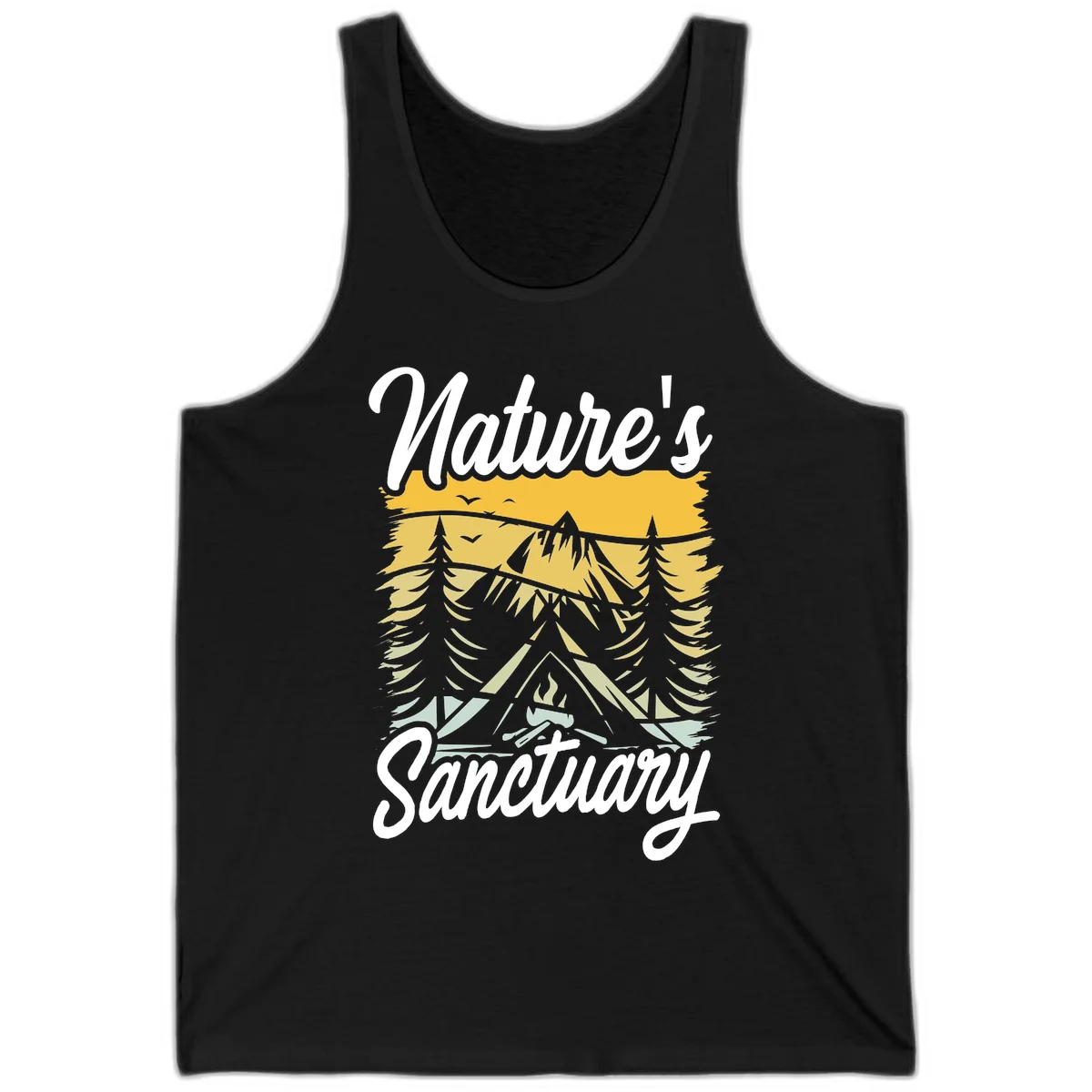 Nature sanctuary camping design with layered mountains, evergreen trees, campfire and tent under golden sky with white script text in Black
