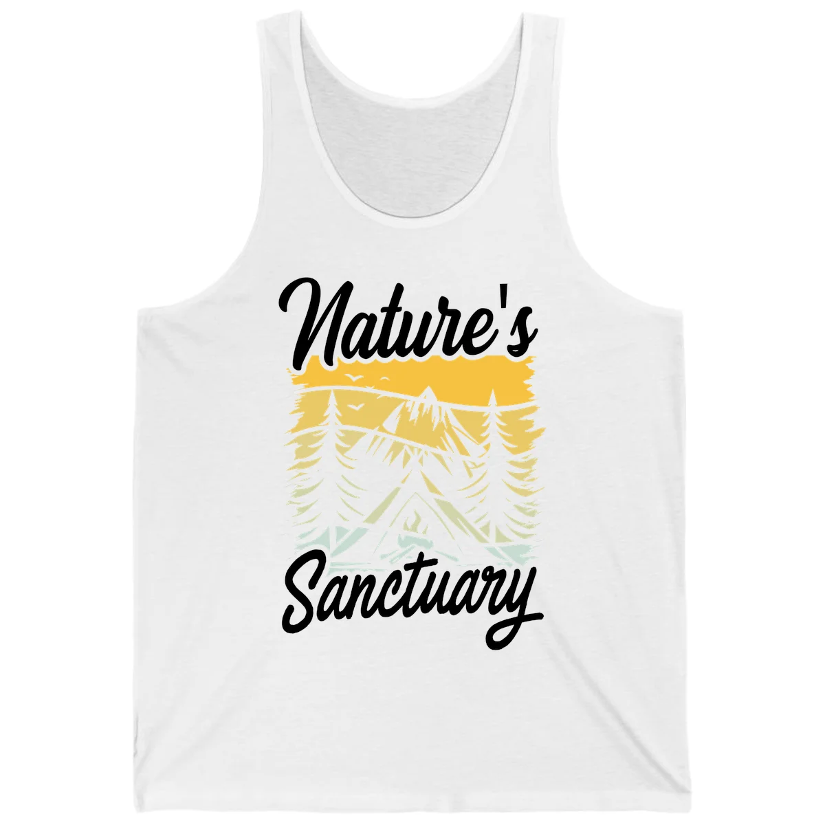 Nature sanctuary camping design with layered mountains, evergreen trees, campfire and tent under golden sky with white script text in White
