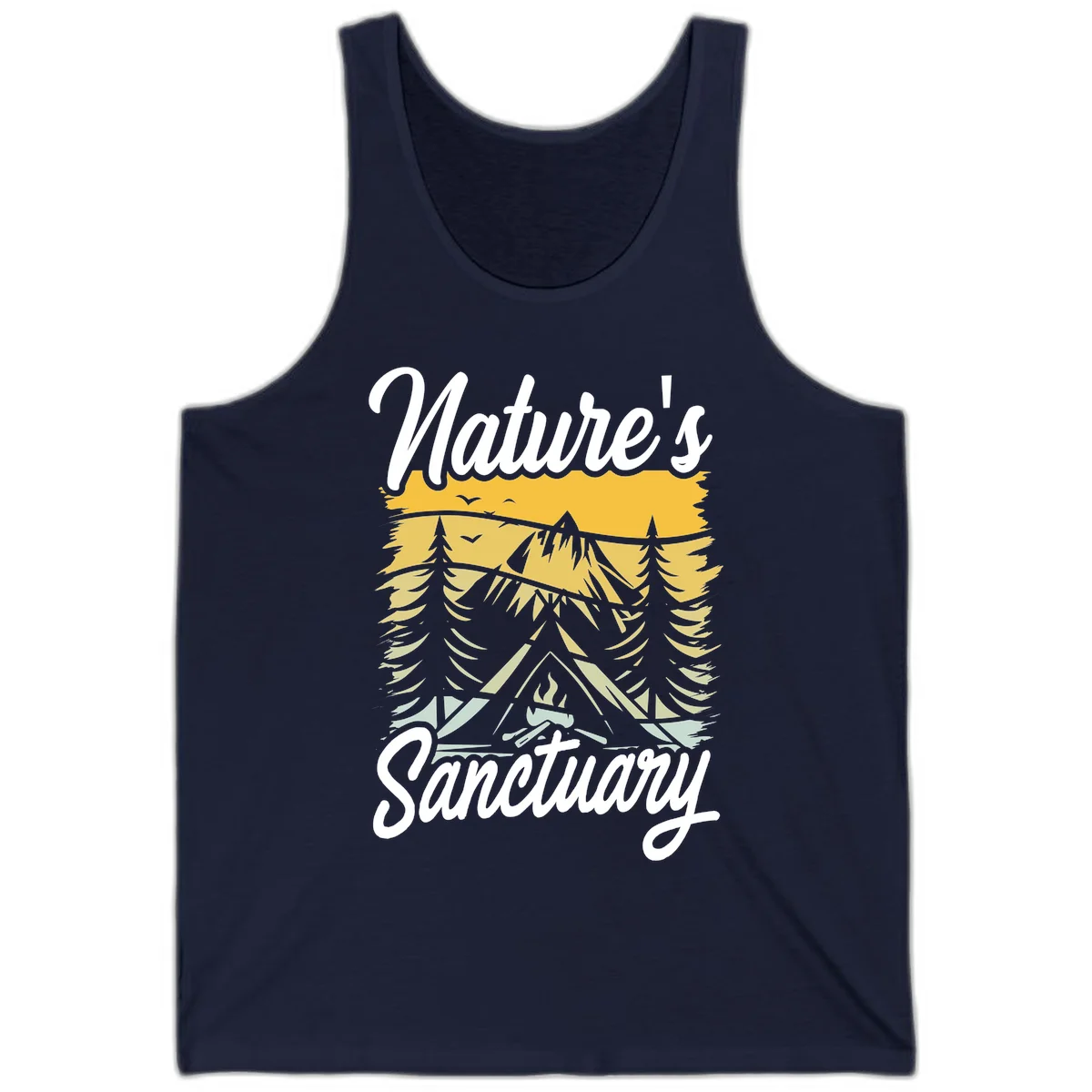 Nature sanctuary camping design with layered mountains, evergreen trees, campfire and tent under golden sky with white script text in Navy