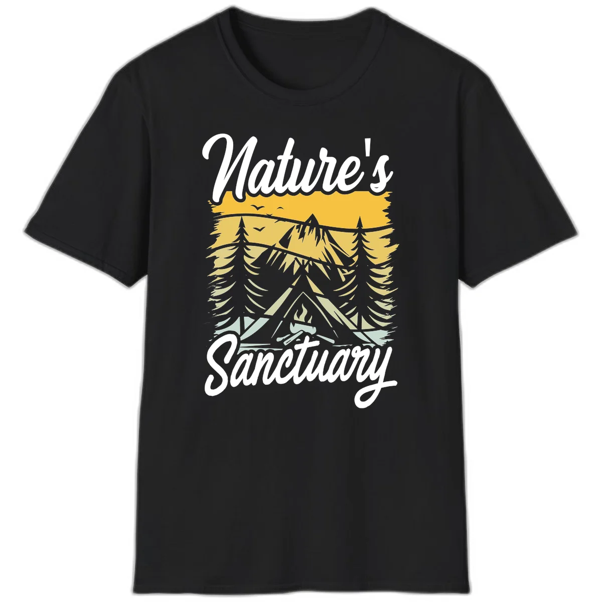 Nature sanctuary camping design with layered mountains, evergreen trees, campfire and tent under golden sky with white script text in Black