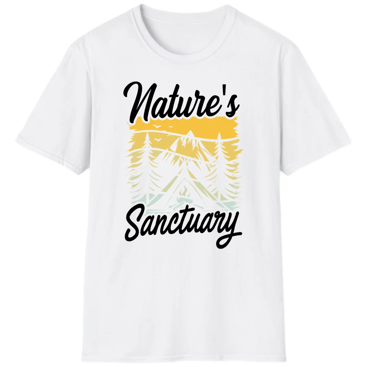 Nature sanctuary camping design with layered mountains, evergreen trees, campfire and tent under golden sky with white script text in White