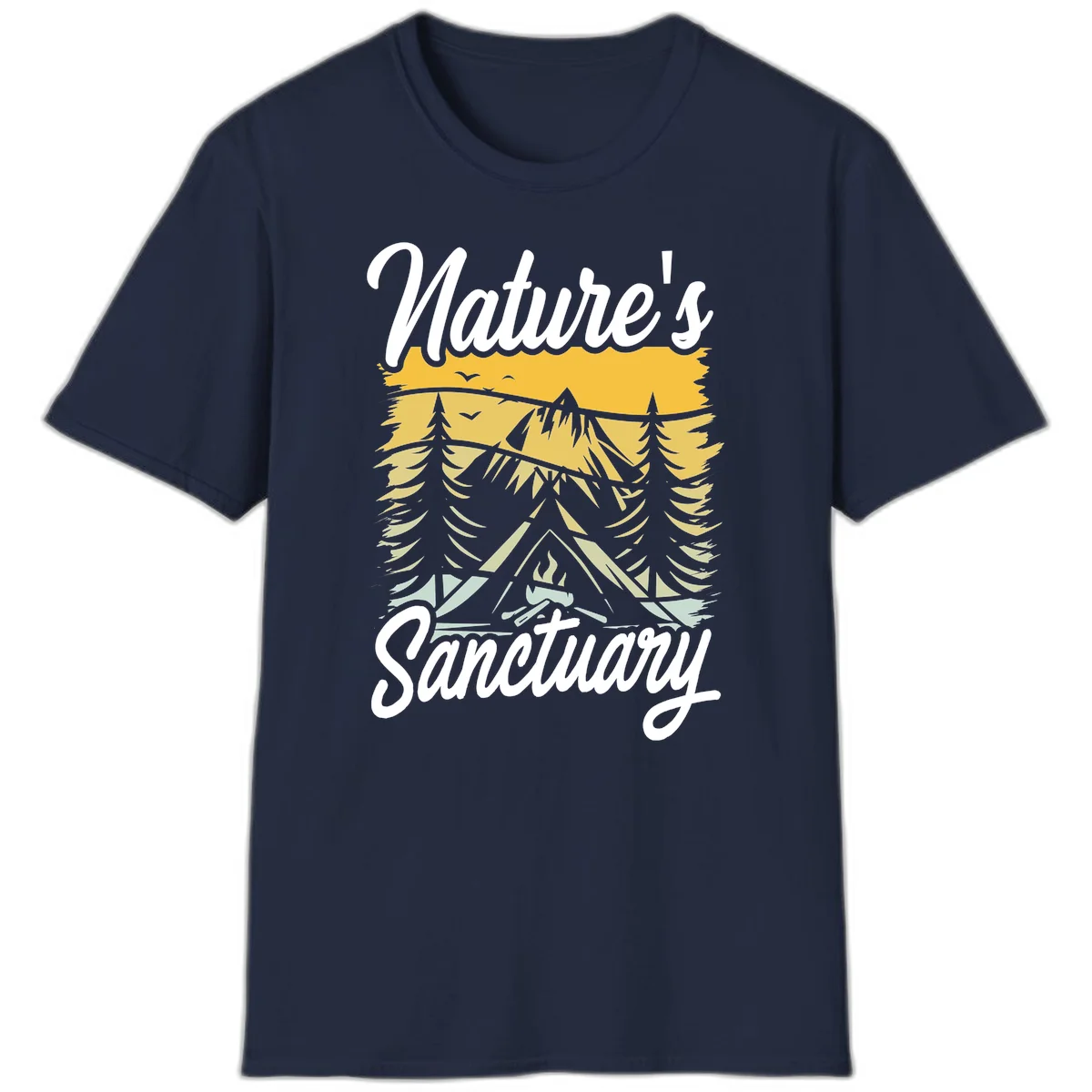 Nature sanctuary camping design with layered mountains, evergreen trees, campfire and tent under golden sky with white script text in Navy