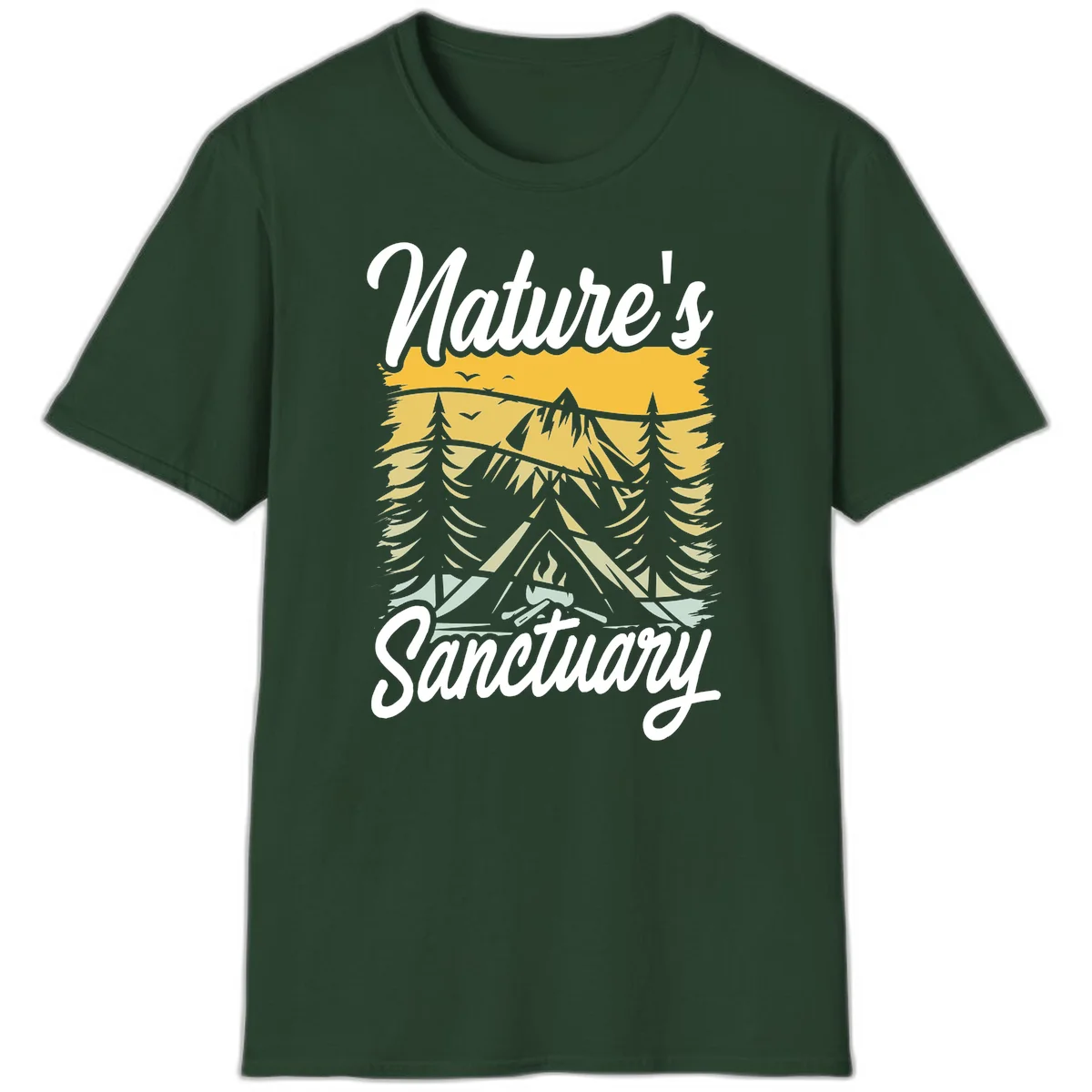 Nature sanctuary camping design with layered mountains, evergreen trees, campfire and tent under golden sky with white script text in Forest Green