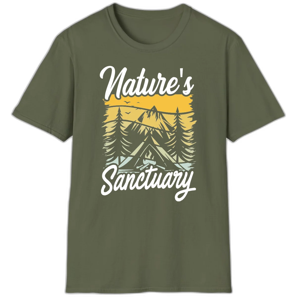 Nature sanctuary camping design with layered mountains, evergreen trees, campfire and tent under golden sky with white script text in Military Green
