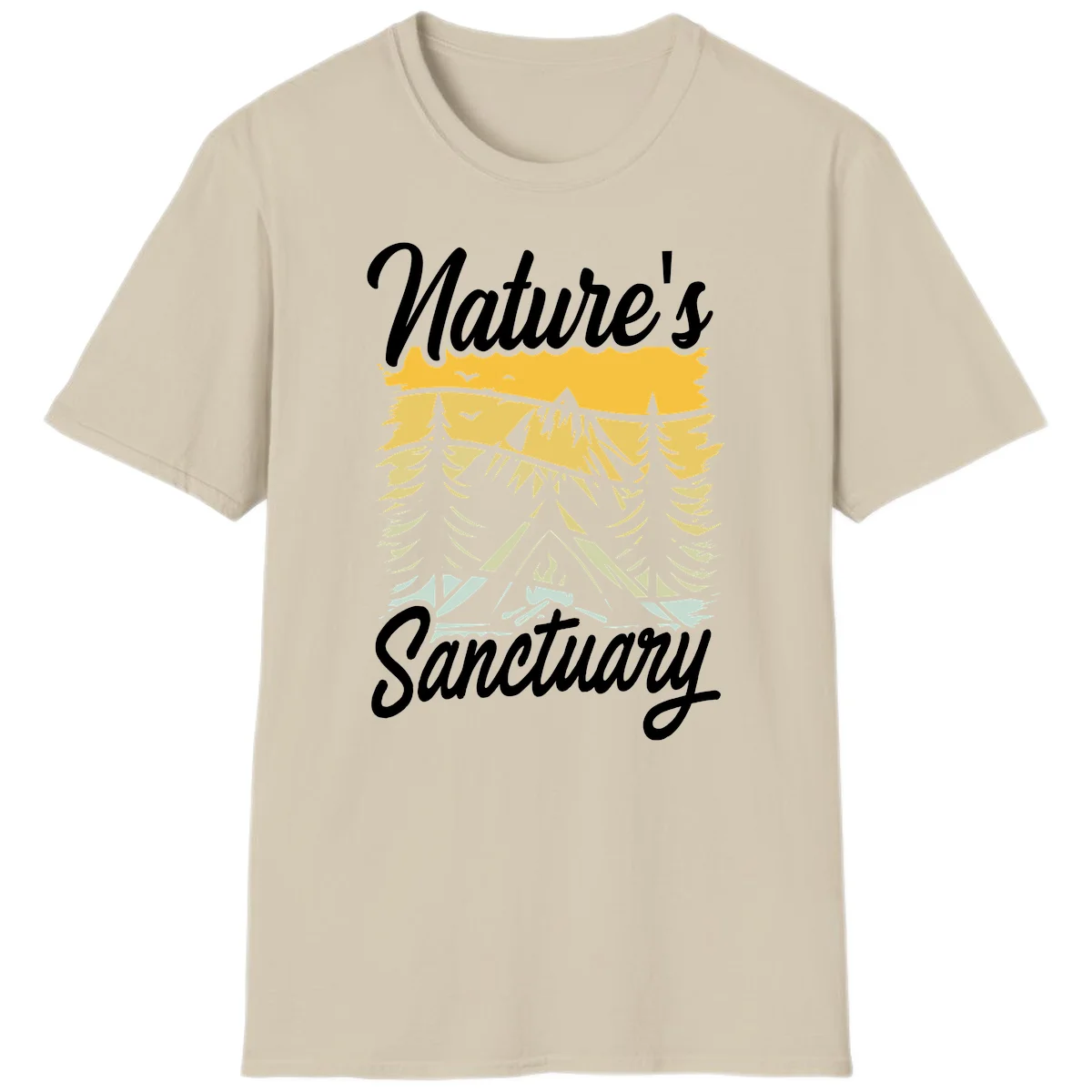 Nature sanctuary camping design with layered mountains, evergreen trees, campfire and tent under golden sky with white script text in Sand