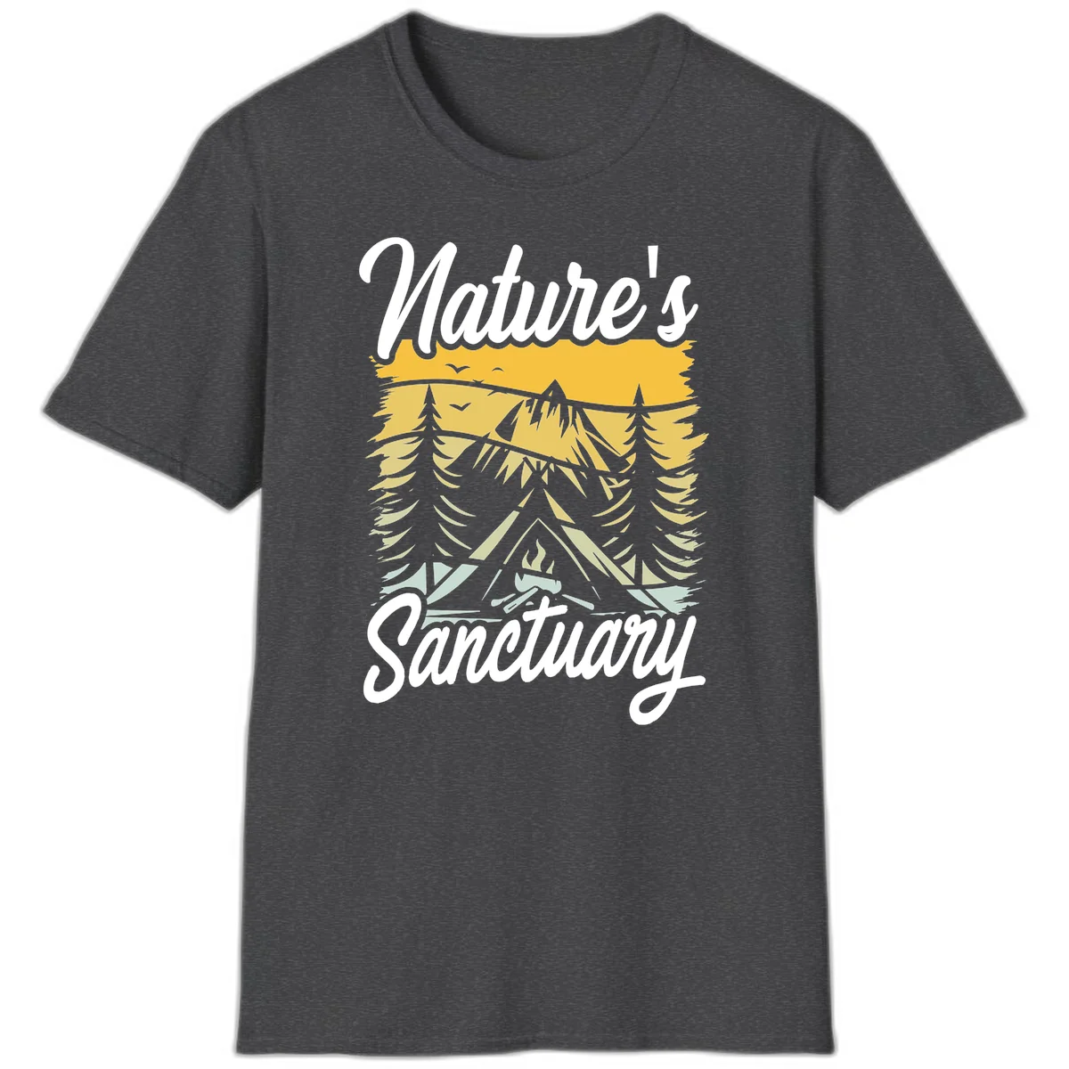 Nature sanctuary camping design with layered mountains, evergreen trees, campfire and tent under golden sky with white script text in Dark Heather