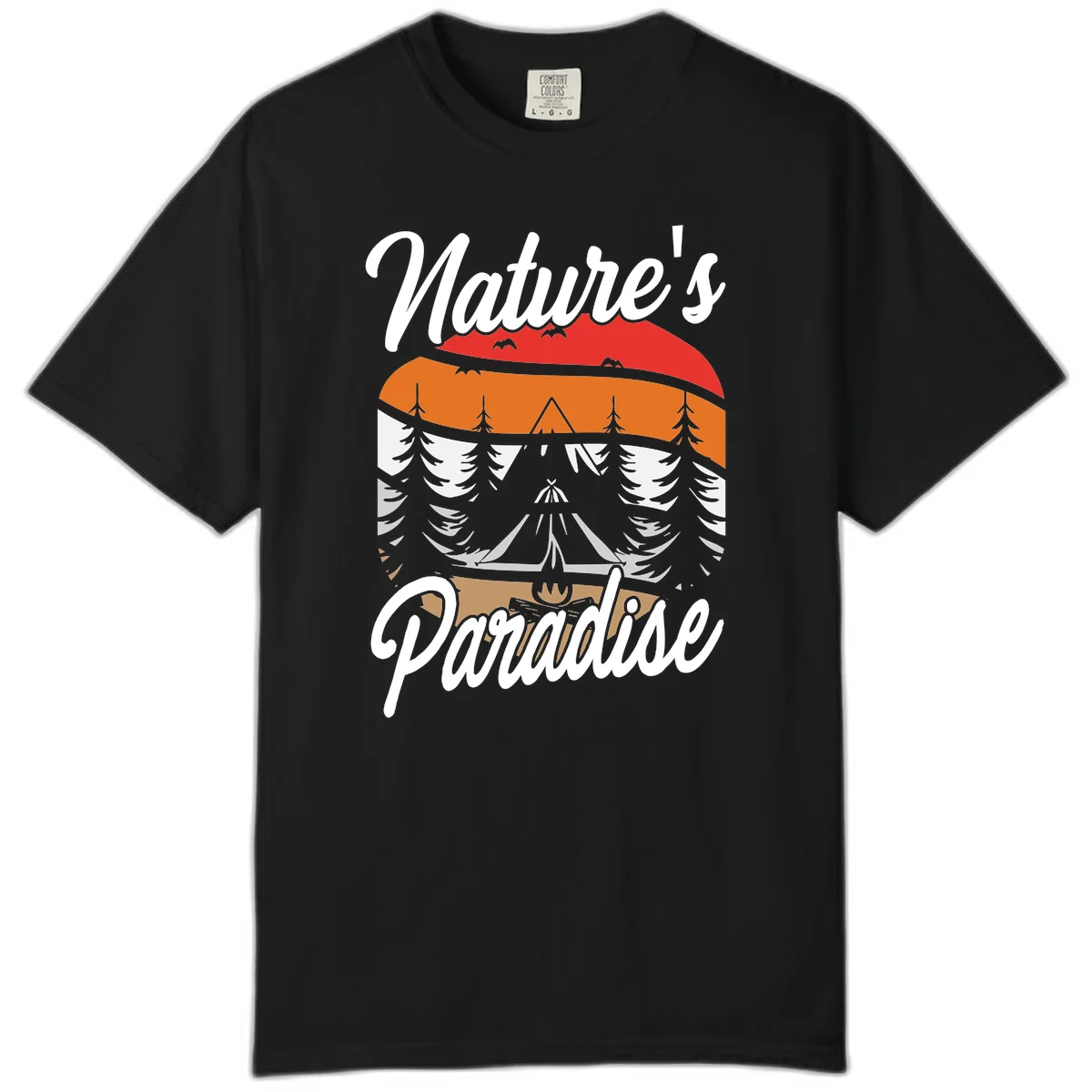 Layered landscape design with red mountains, orange forest, snow-covered evergreens, camping tent, and campfire with 'Nature's Paradise' text in Black