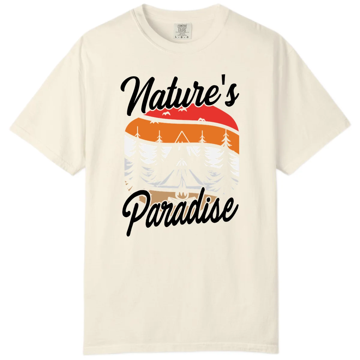 Layered landscape design with red mountains, orange forest, snow-covered evergreens, camping tent, and campfire with 'Nature's Paradise' text in Ivory