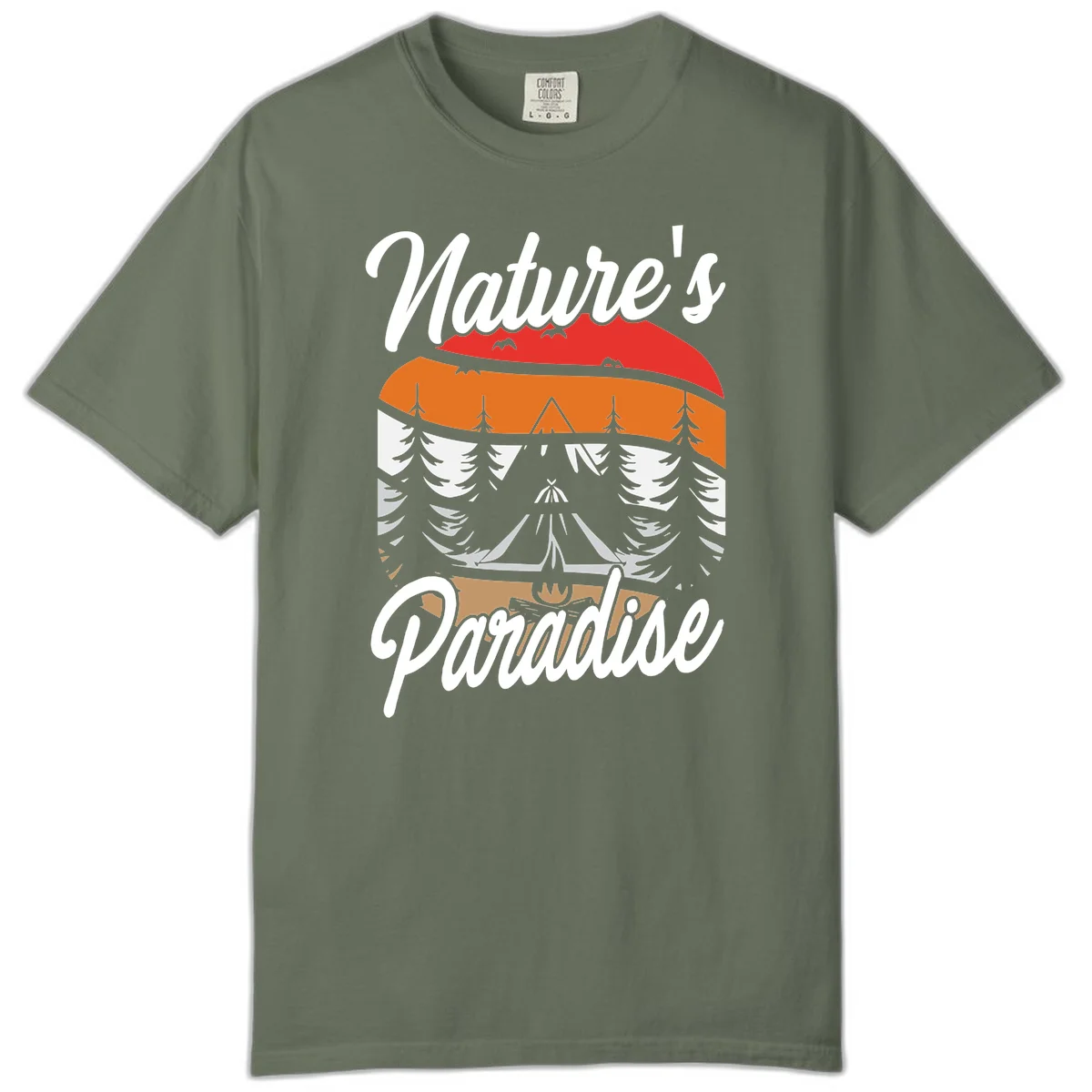 Layered landscape design with red mountains, orange forest, snow-covered evergreens, camping tent, and campfire with 'Nature's Paradise' text in Moss