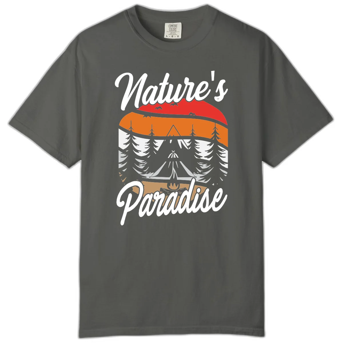 Layered landscape design with red mountains, orange forest, snow-covered evergreens, camping tent, and campfire with 'Nature's Paradise' text in Pepper