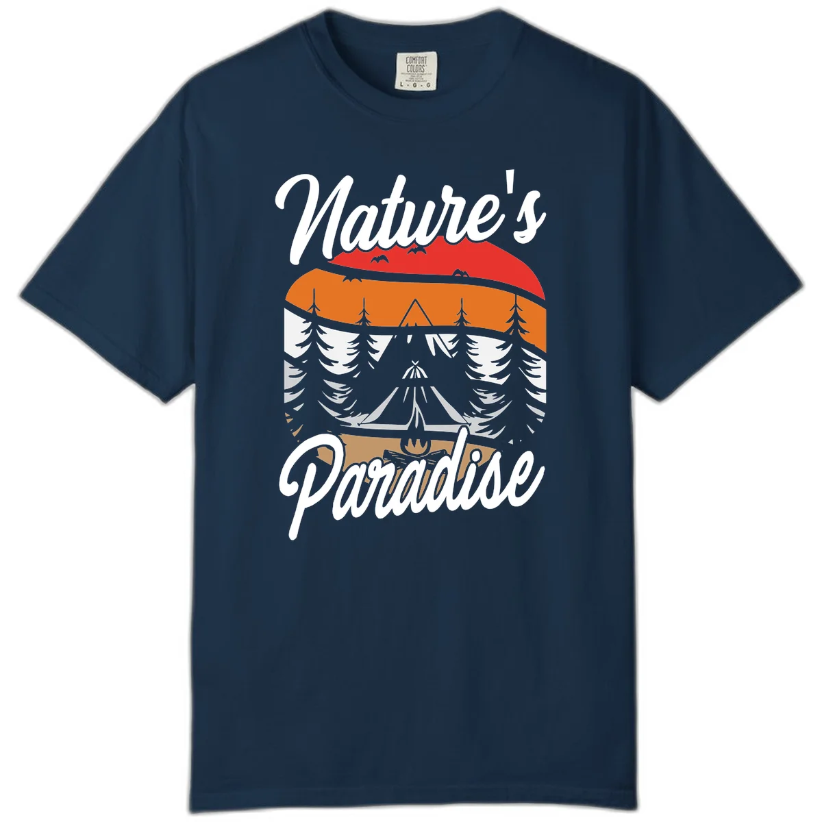 Layered landscape design with red mountains, orange forest, snow-covered evergreens, camping tent, and campfire with 'Nature's Paradise' text in True Navy