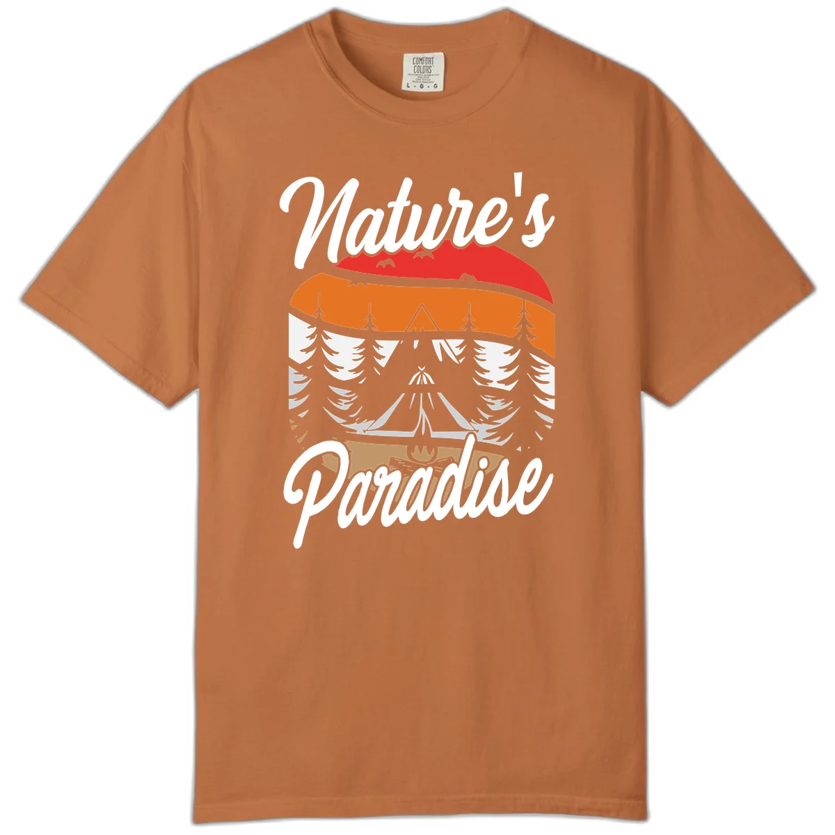 Layered landscape design with red mountains, orange forest, snow-covered evergreens, camping tent, and campfire with 'Nature's Paradise' text in Yam