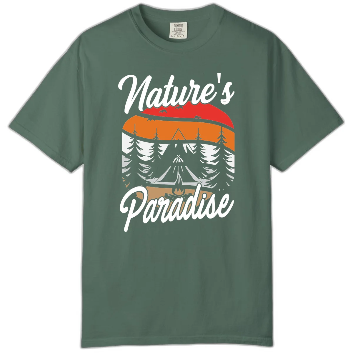 Layered landscape design with red mountains, orange forest, snow-covered evergreens, camping tent, and campfire with 'Nature's Paradise' text in Blue Spruce
