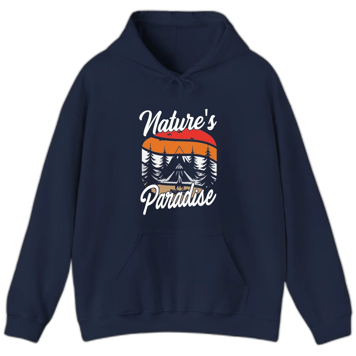 Layered landscape design with red mountains, orange forest, snow-covered evergreens, camping tent, and campfire with 'Nature's Paradise' text in Navy