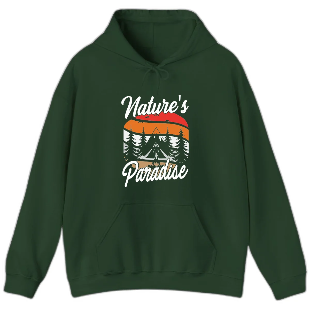 Layered landscape design with red mountains, orange forest, snow-covered evergreens, camping tent, and campfire with 'Nature's Paradise' text in Forest Green