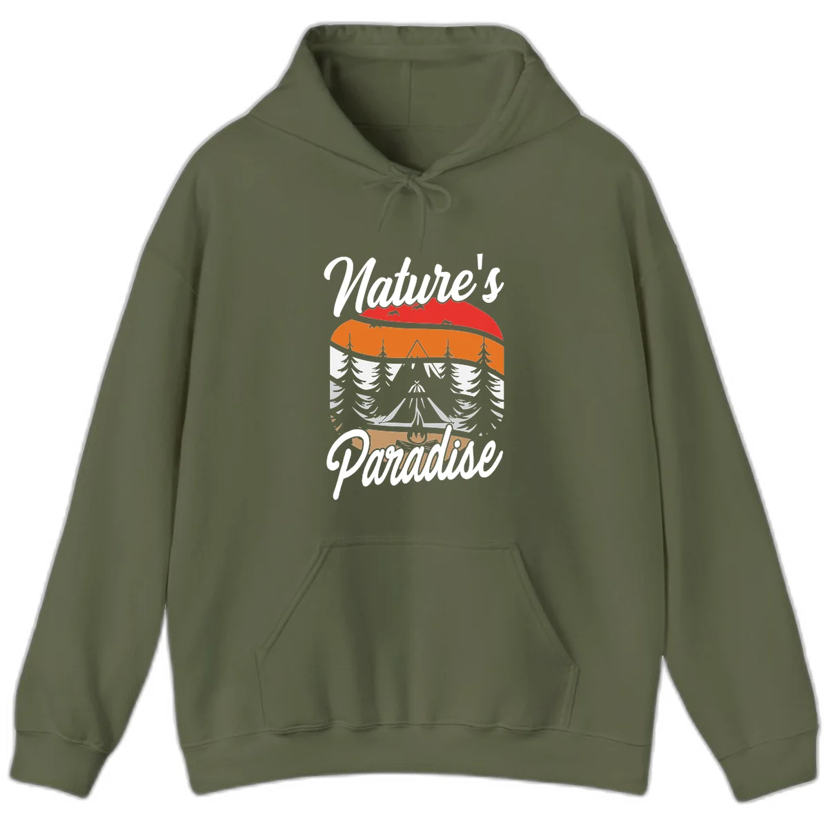 Layered landscape design with red mountains, orange forest, snow-covered evergreens, camping tent, and campfire with 'Nature's Paradise' text in Military Green