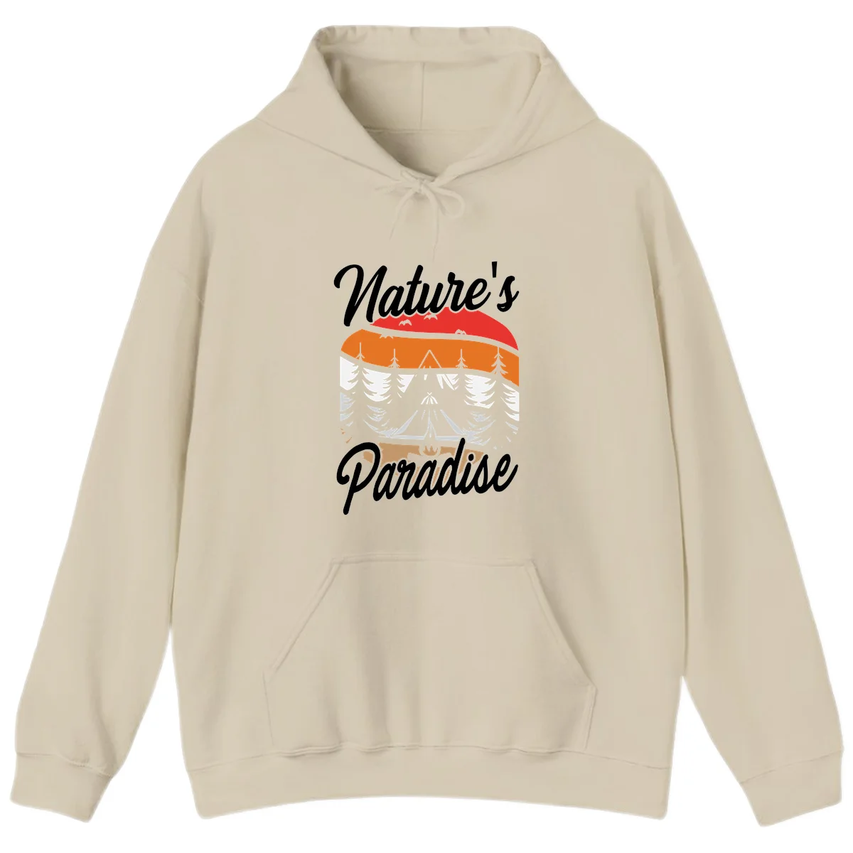 Layered landscape design with red mountains, orange forest, snow-covered evergreens, camping tent, and campfire with 'Nature's Paradise' text in Sand