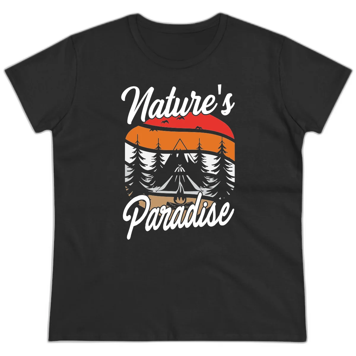 Layered landscape design with red mountains, orange forest, snow-covered evergreens, camping tent, and campfire with 'Nature's Paradise' text in Black