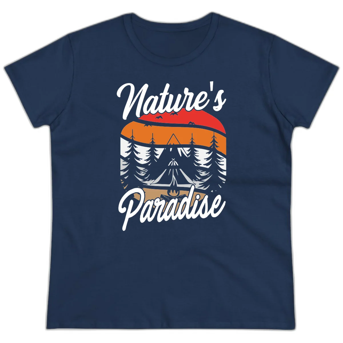 Layered landscape design with red mountains, orange forest, snow-covered evergreens, camping tent, and campfire with 'Nature's Paradise' text in Navy