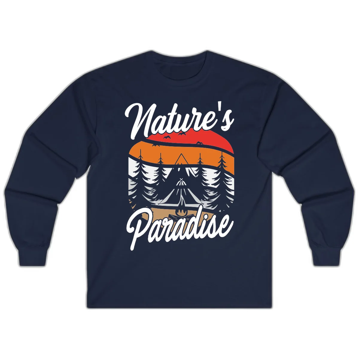 Layered landscape design with red mountains, orange forest, snow-covered evergreens, camping tent, and campfire with 'Nature's Paradise' text in Navy