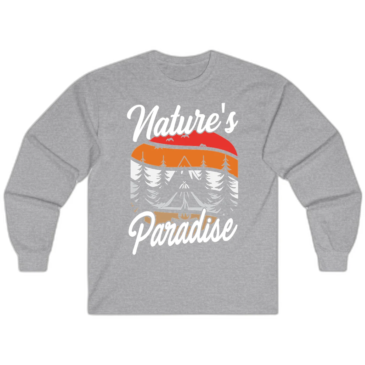 Layered landscape design with red mountains, orange forest, snow-covered evergreens, camping tent, and campfire with 'Nature's Paradise' text in Sport Grey