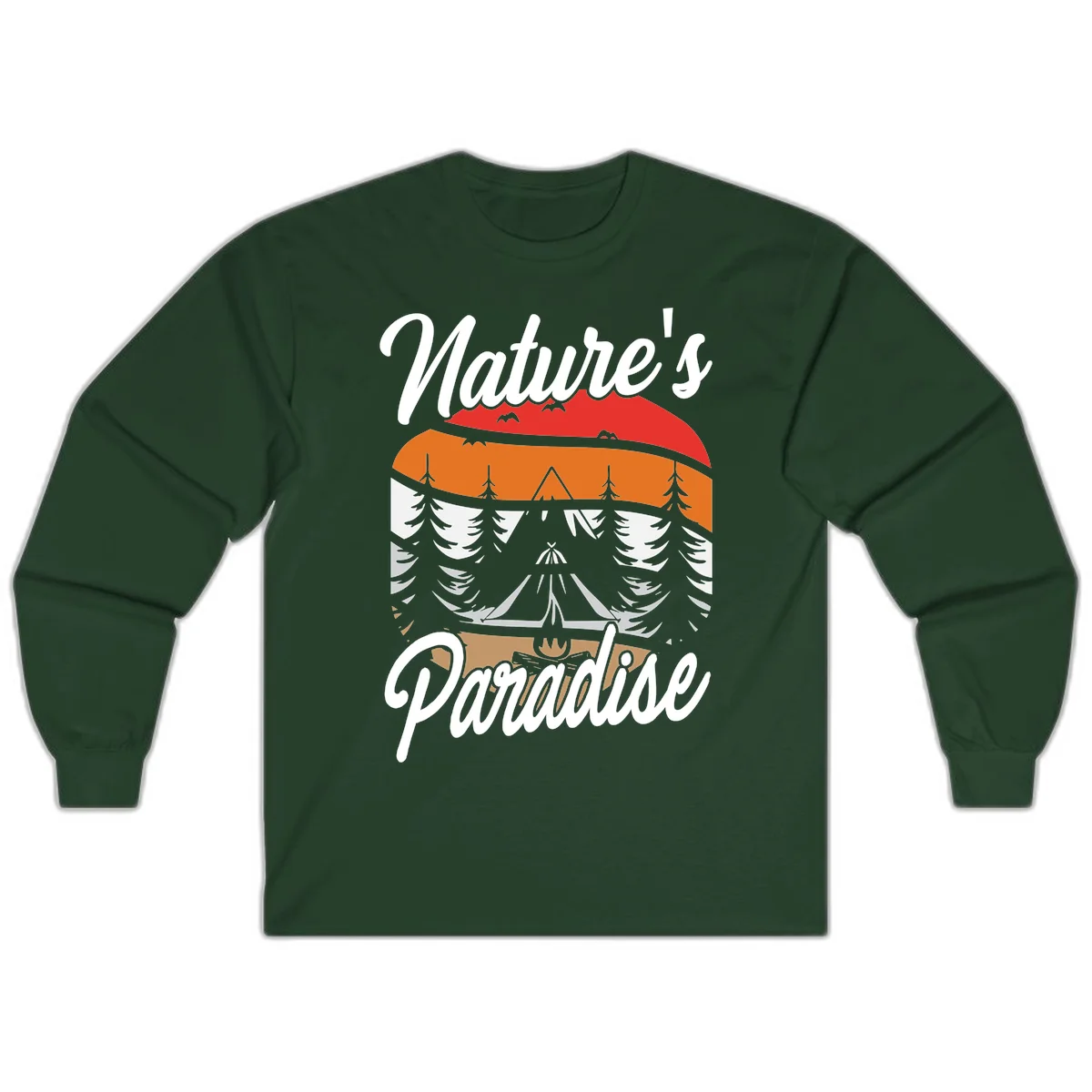 Layered landscape design with red mountains, orange forest, snow-covered evergreens, camping tent, and campfire with 'Nature's Paradise' text in Forest Green