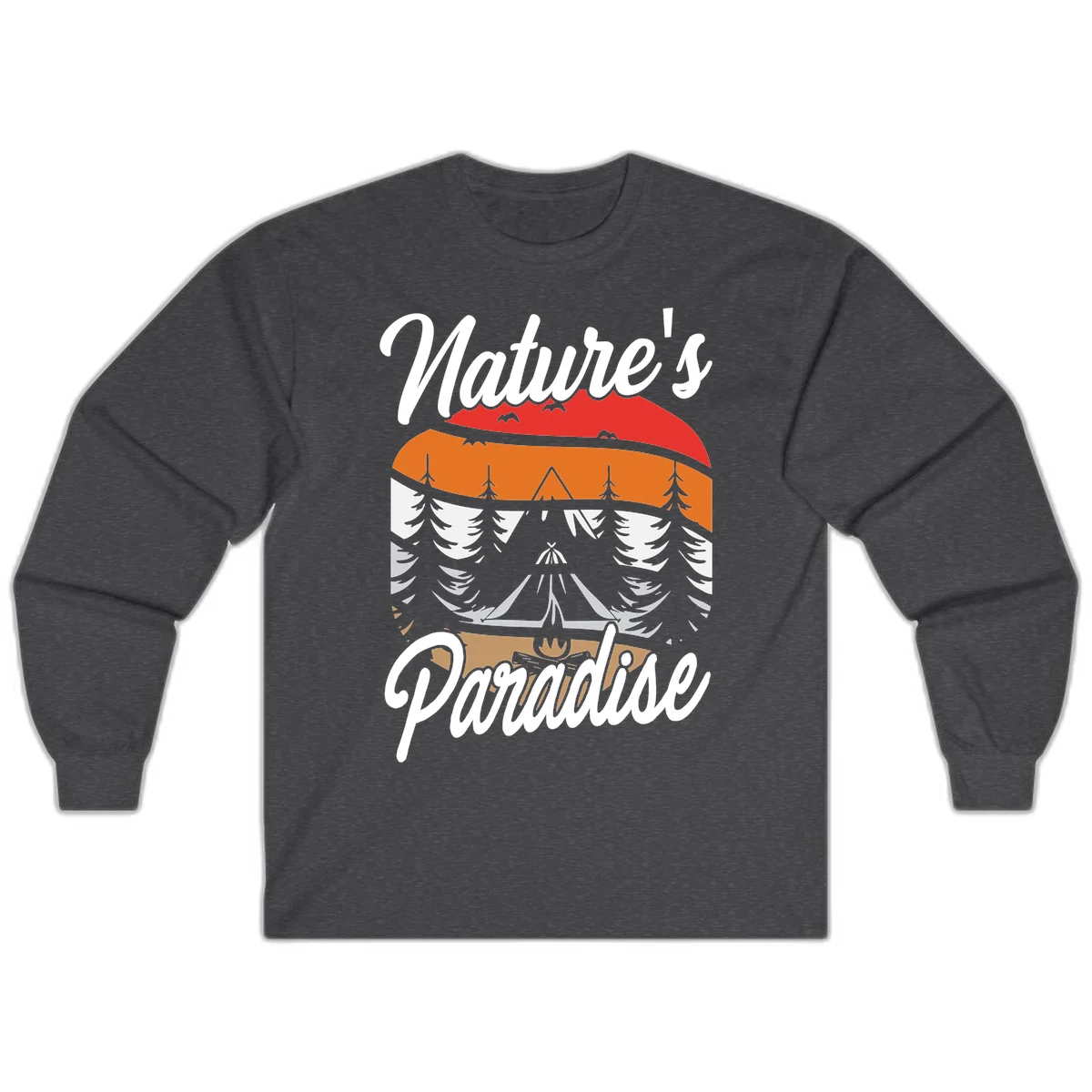 Layered landscape design with red mountains, orange forest, snow-covered evergreens, camping tent, and campfire with 'Nature's Paradise' text in Dark Heather