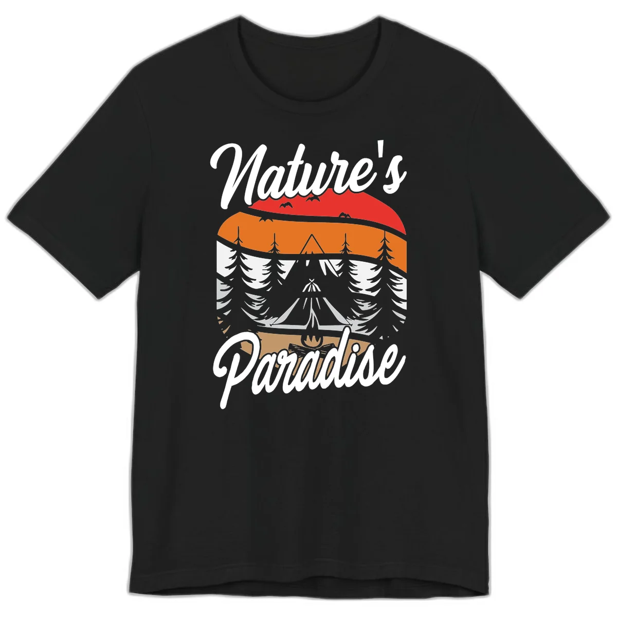 Layered landscape design with red mountains, orange forest, snow-covered evergreens, camping tent, and campfire with 'Nature's Paradise' text in Black