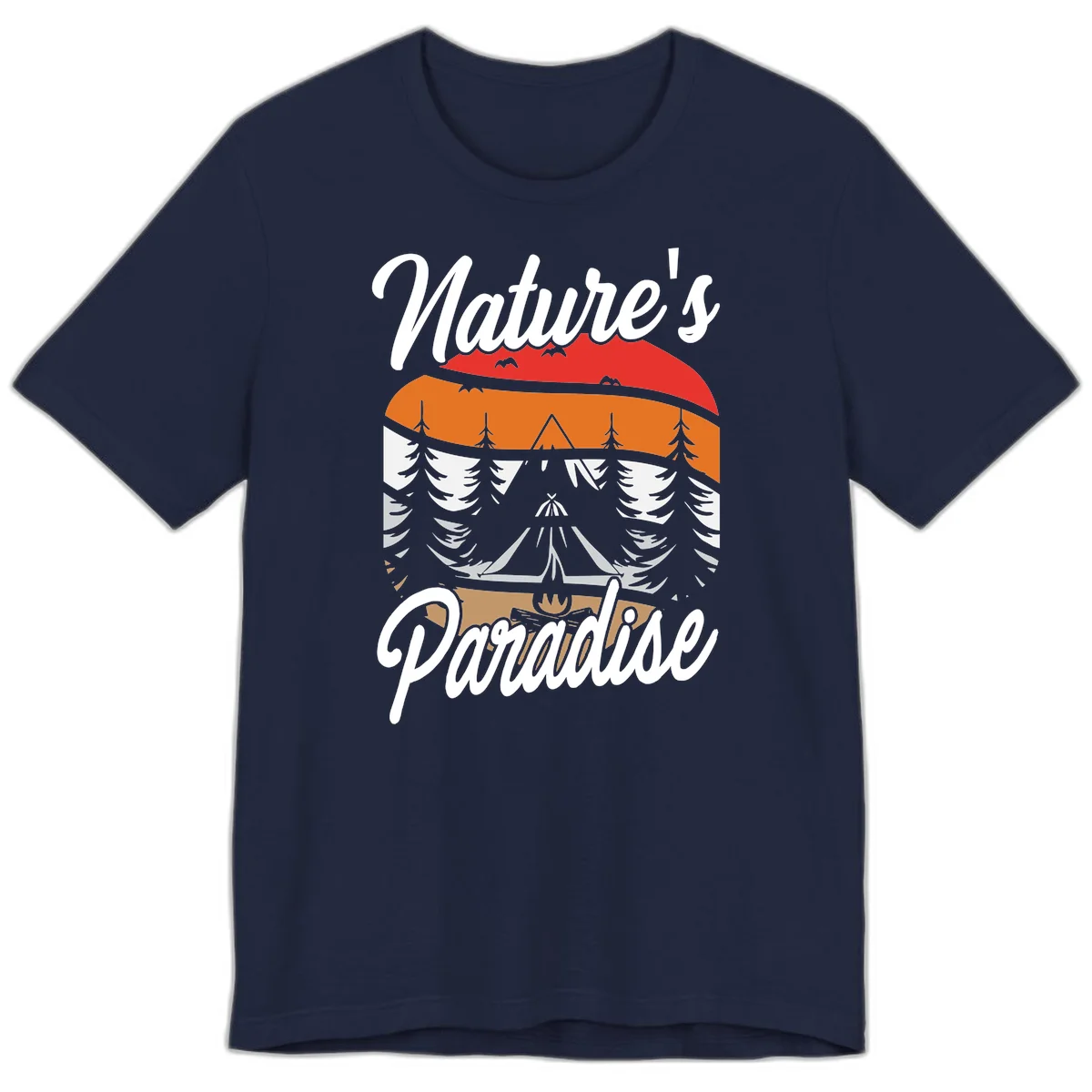 Layered landscape design with red mountains, orange forest, snow-covered evergreens, camping tent, and campfire with 'Nature's Paradise' text in Navy