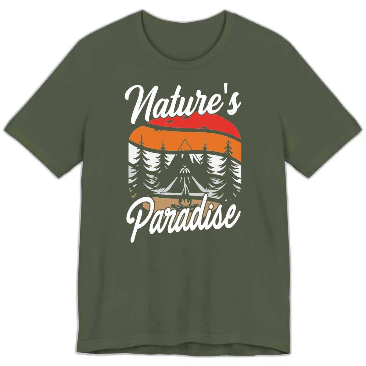 Layered landscape design with red mountains, orange forest, snow-covered evergreens, camping tent, and campfire with 'Nature's Paradise' text in Military Green