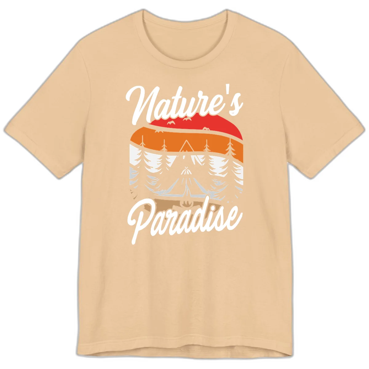 Layered landscape design with red mountains, orange forest, snow-covered evergreens, camping tent, and campfire with 'Nature's Paradise' text in Sand Dune