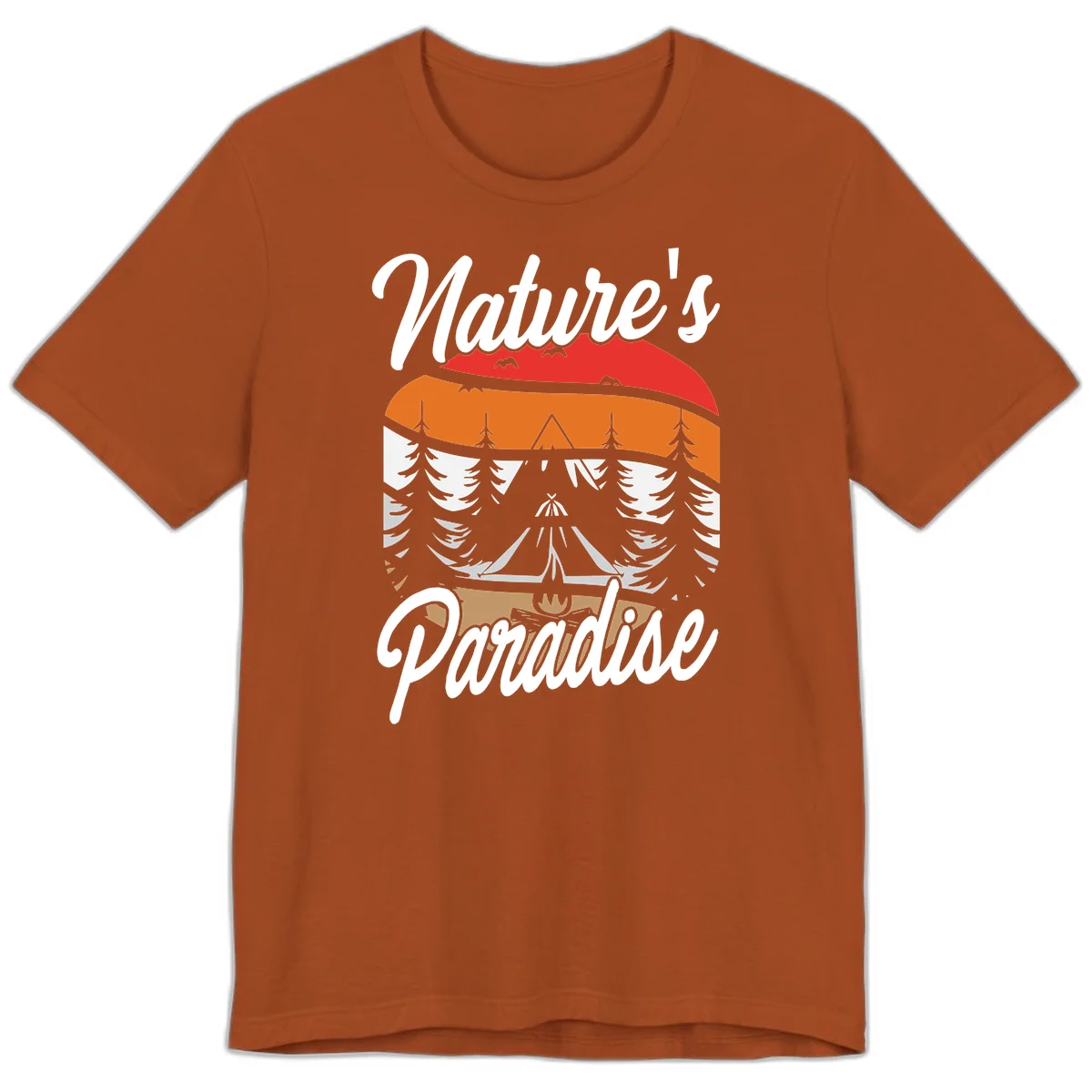 Layered landscape design with red mountains, orange forest, snow-covered evergreens, camping tent, and campfire with 'Nature's Paradise' text in Autumn