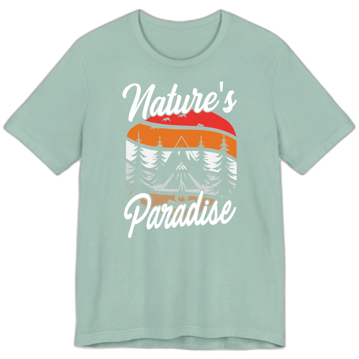 Layered landscape design with red mountains, orange forest, snow-covered evergreens, camping tent, and campfire with 'Nature's Paradise' text in Dusty Blue