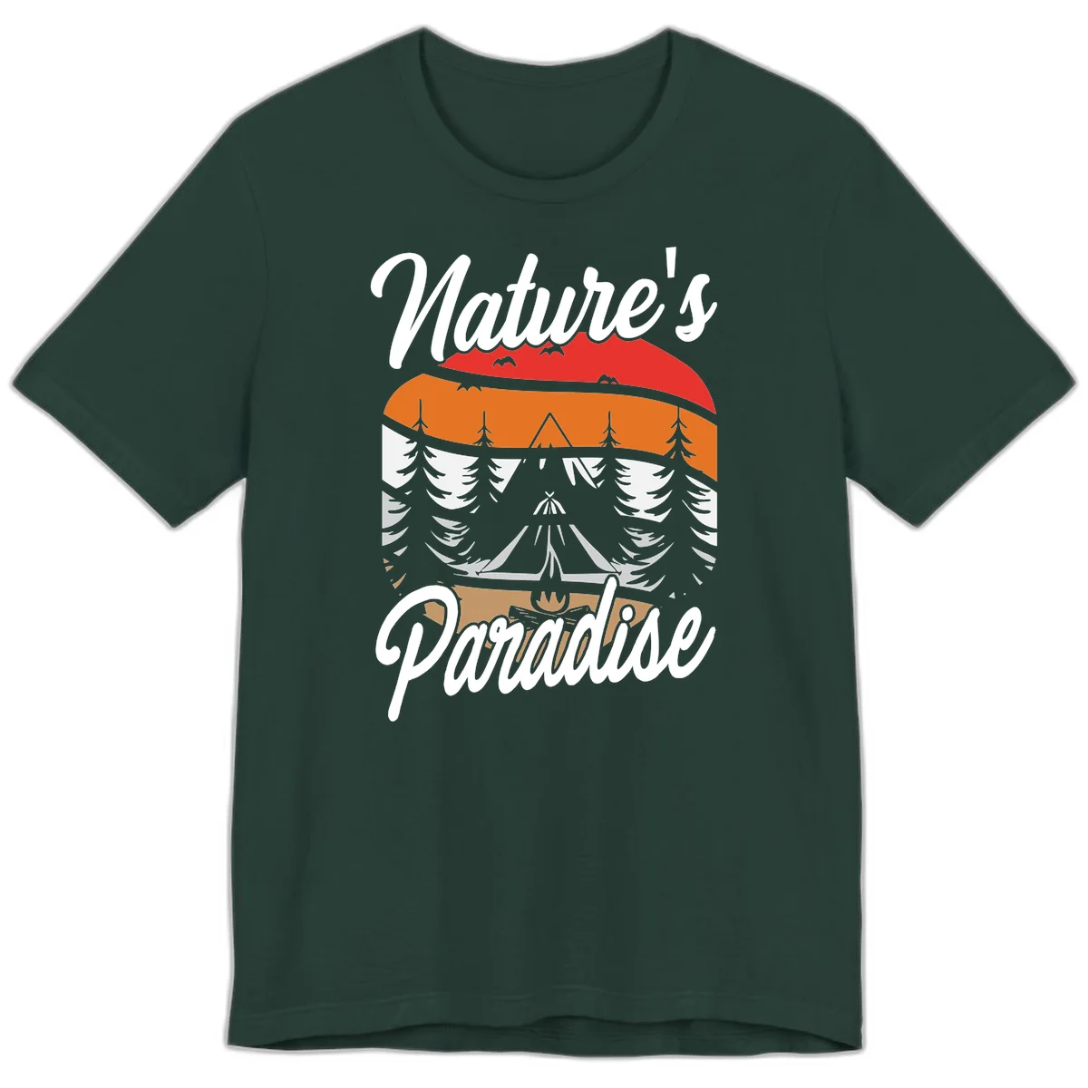Layered landscape design with red mountains, orange forest, snow-covered evergreens, camping tent, and campfire with 'Nature's Paradise' text in Forest