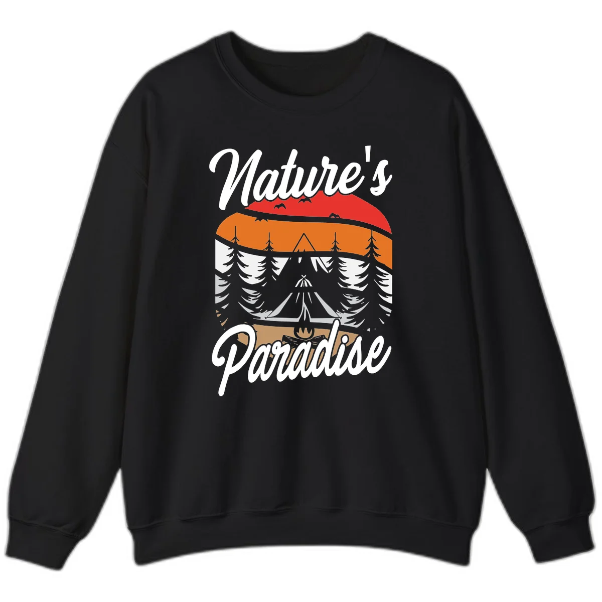 Layered landscape design with red mountains, orange forest, snow-covered evergreens, camping tent, and campfire with 'Nature's Paradise' text in Black