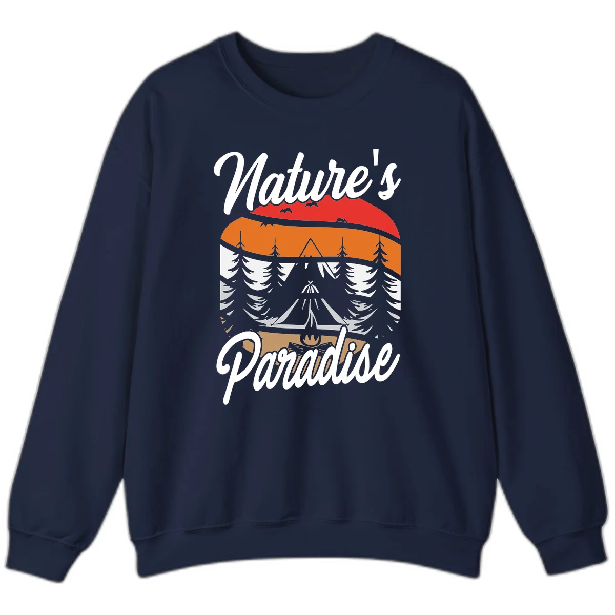 Layered landscape design with red mountains, orange forest, snow-covered evergreens, camping tent, and campfire with 'Nature's Paradise' text in Navy