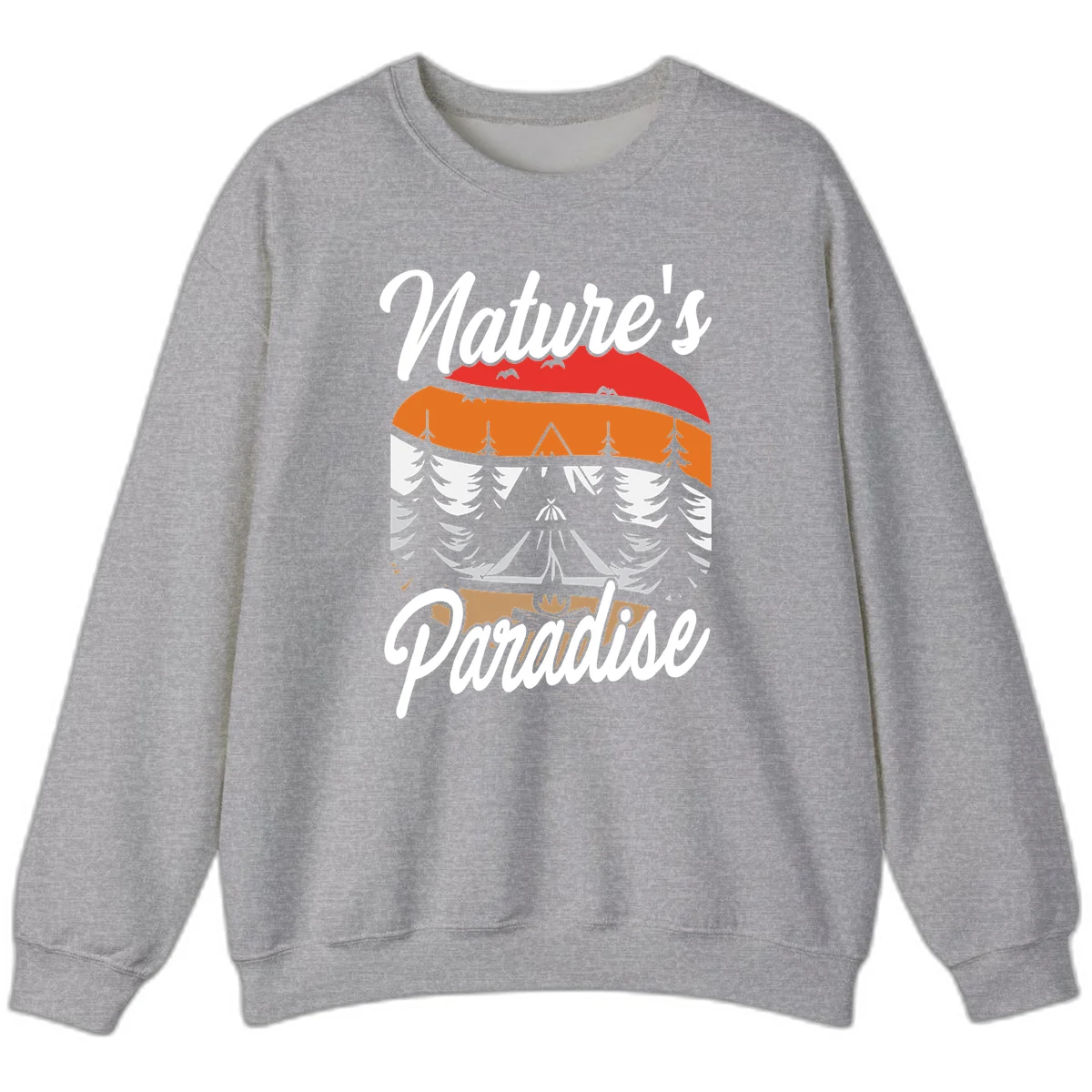 Layered landscape design with red mountains, orange forest, snow-covered evergreens, camping tent, and campfire with 'Nature's Paradise' text in Sport Grey