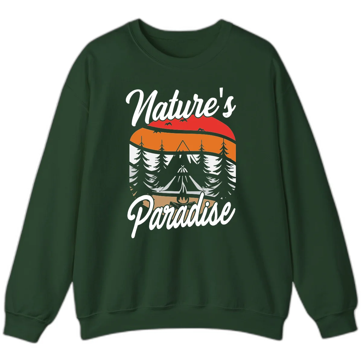 Layered landscape design with red mountains, orange forest, snow-covered evergreens, camping tent, and campfire with 'Nature's Paradise' text in Forest Green