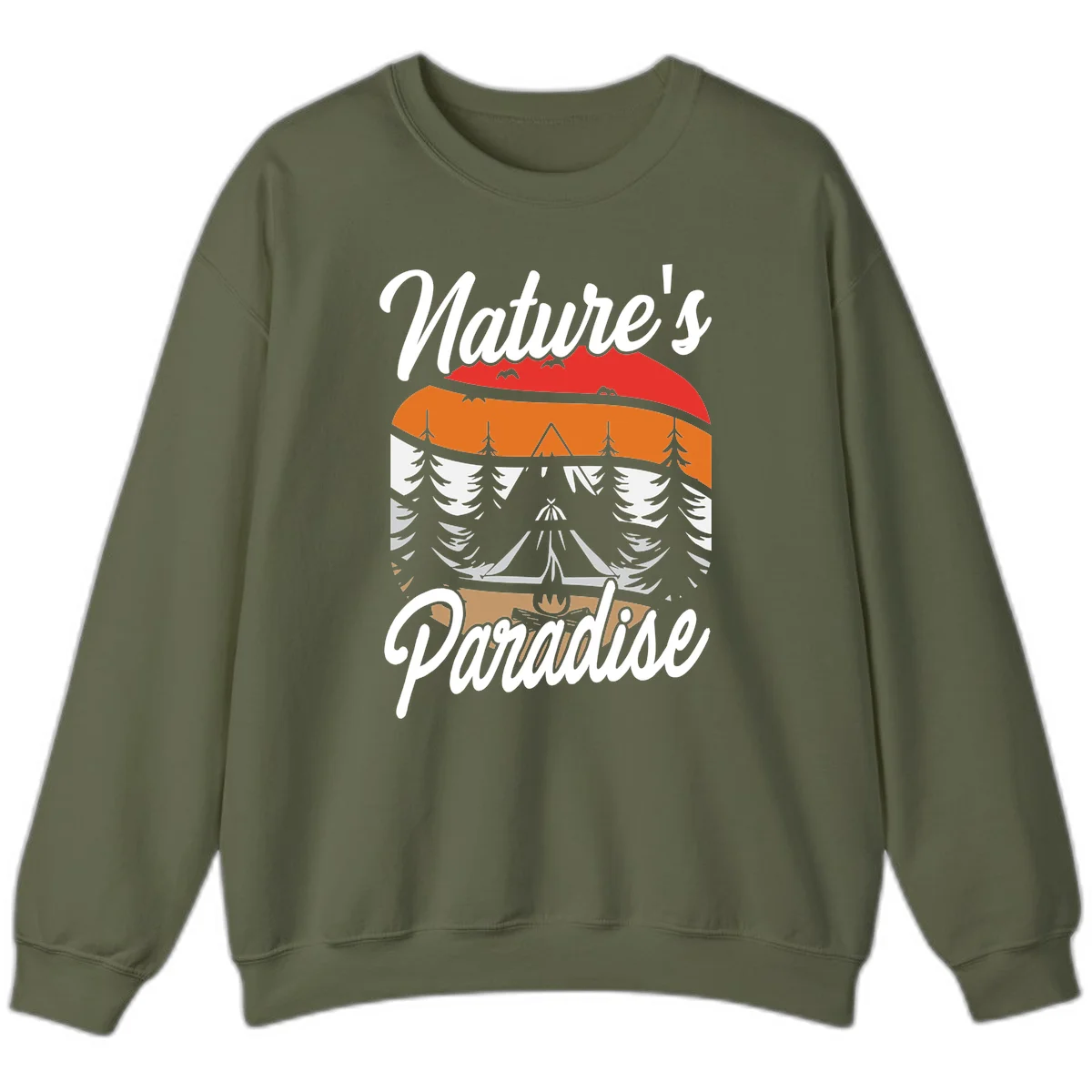 Layered landscape design with red mountains, orange forest, snow-covered evergreens, camping tent, and campfire with 'Nature's Paradise' text in Military Green