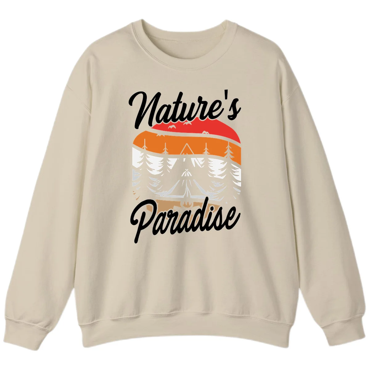 Layered landscape design with red mountains, orange forest, snow-covered evergreens, camping tent, and campfire with 'Nature's Paradise' text in Sand
