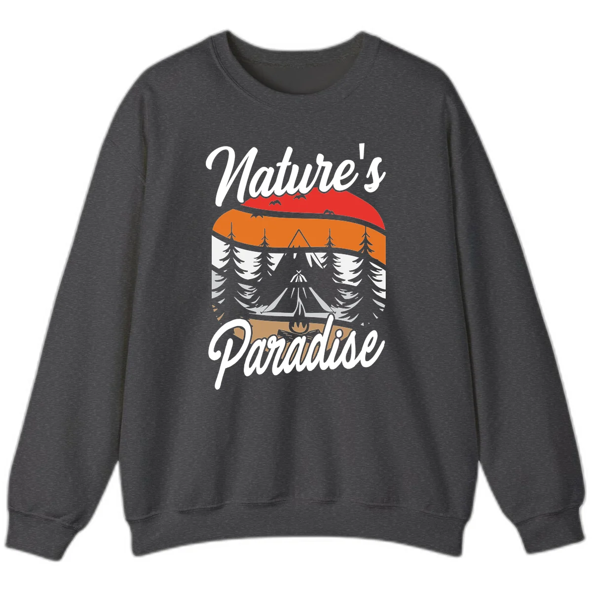 Layered landscape design with red mountains, orange forest, snow-covered evergreens, camping tent, and campfire with 'Nature's Paradise' text in Dark Heather