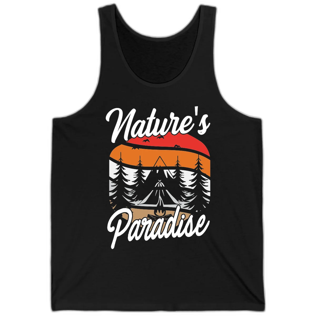 Layered landscape design with red mountains, orange forest, snow-covered evergreens, camping tent, and campfire with 'Nature's Paradise' text in Black